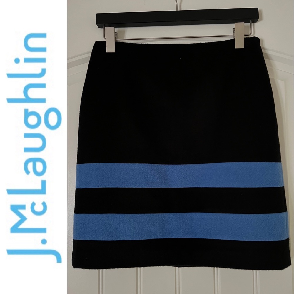 New J.McLaughlin Wool/Cashmere Pencil Skirt Black/blue stripe sz 0